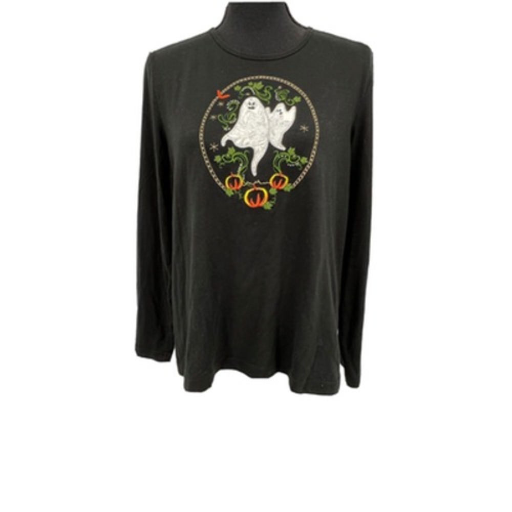 Cappagallo Womens Halloween Embroidered Shirt Ghost Pumpkins Black Long Sleeve L